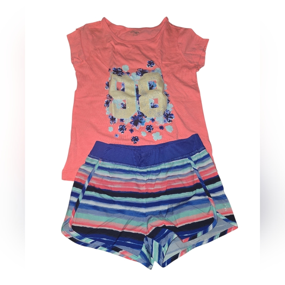 Gymboree Coral Top and Multicolor Stripe Shorts Set 7/8